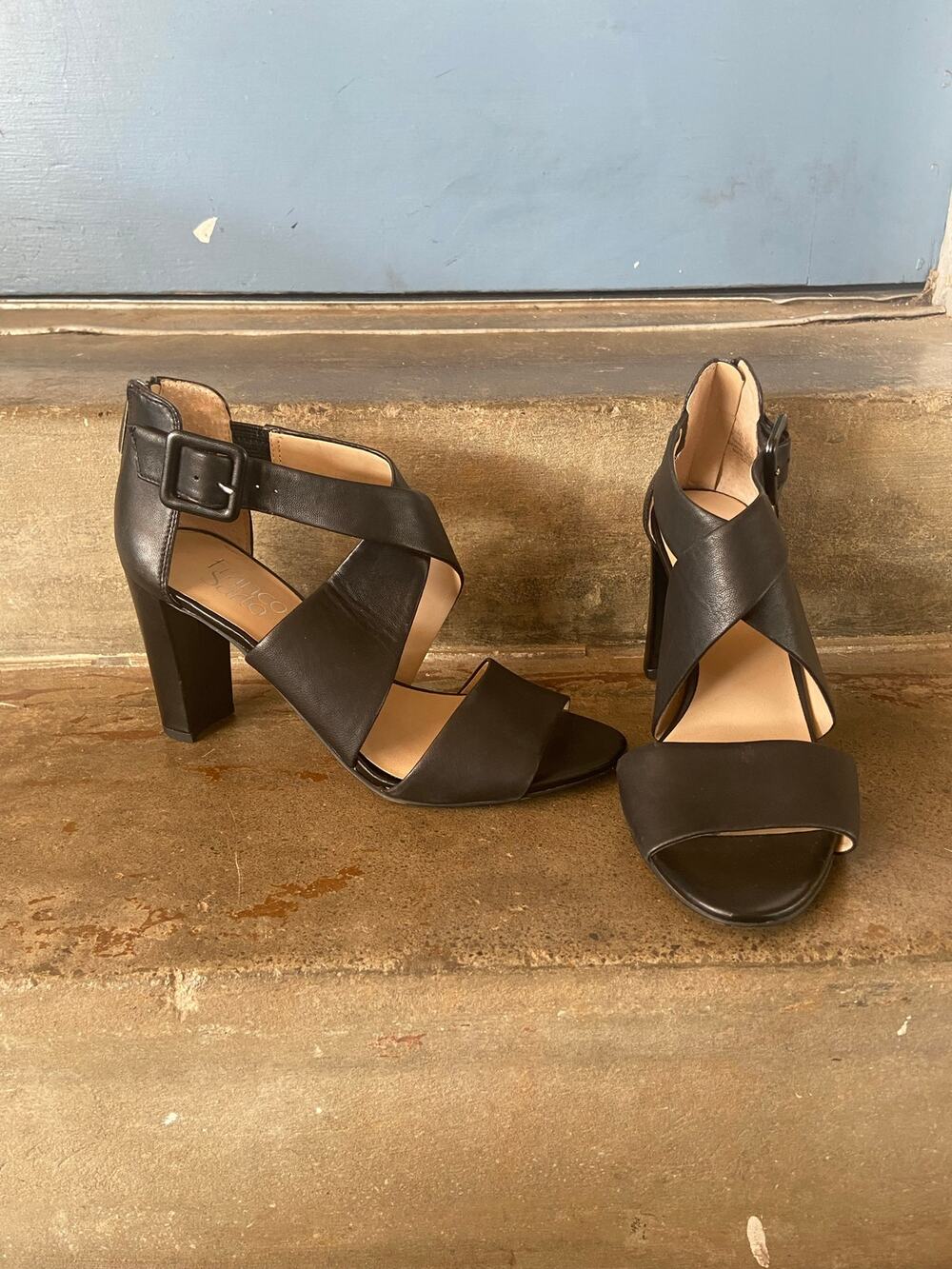 Franco Sarto Habra black leather criss cross strap heeled sandal w/ back zipper